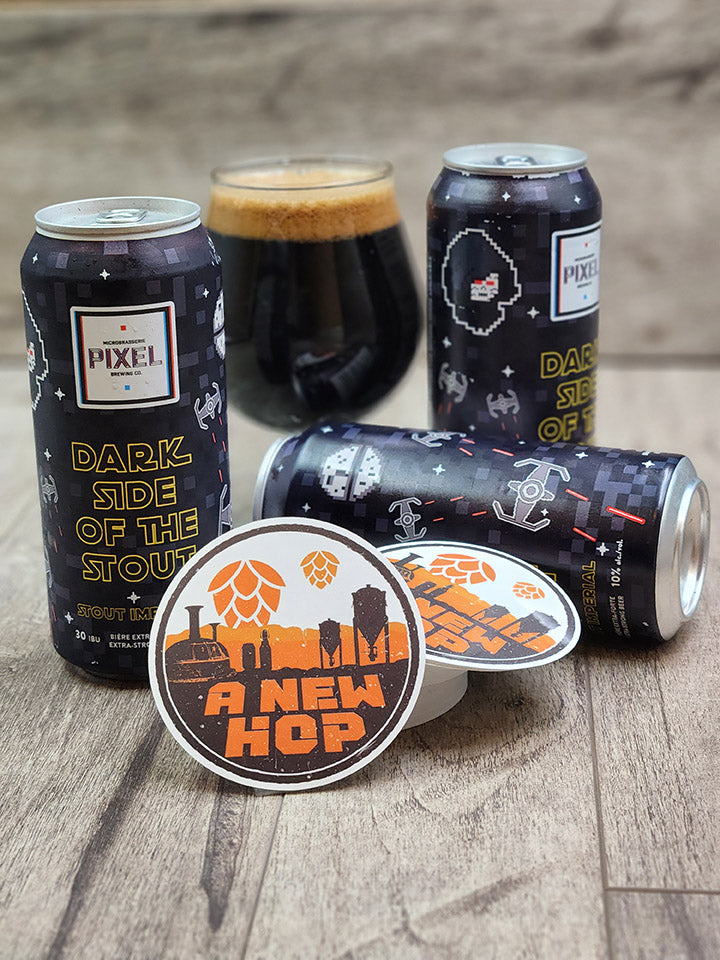 A New Hop beer sticker featuring a sci-fi inspired hop design, shown on waterproof vinyl