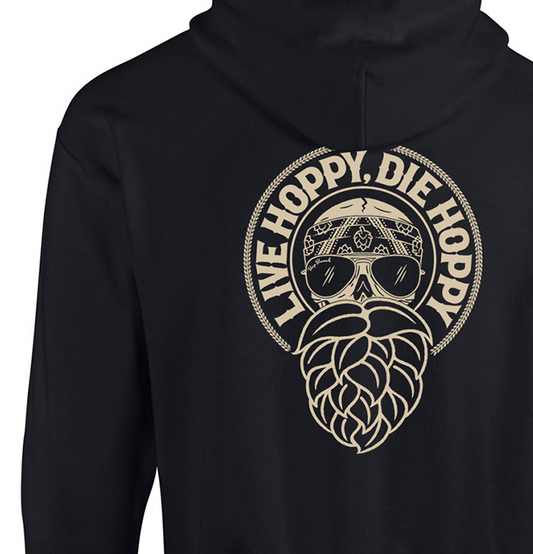 Cozy Live Hoppy Die Hoppy beer hoodie for motorcycle and craft beer fans