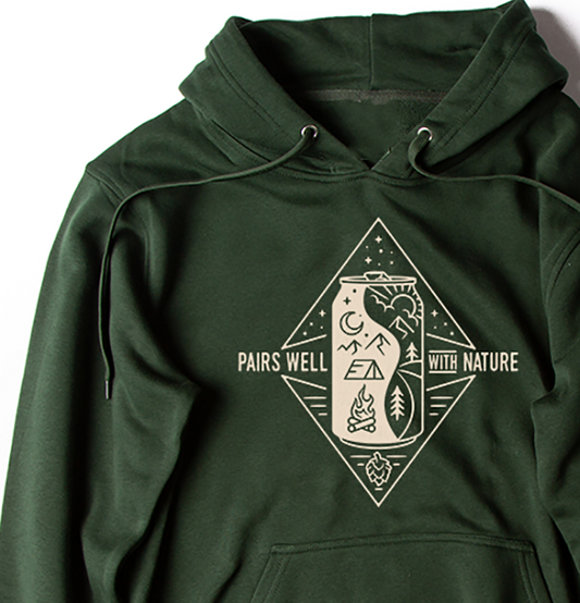 Craft beer hoodie with Pairs Well with Nature graphic