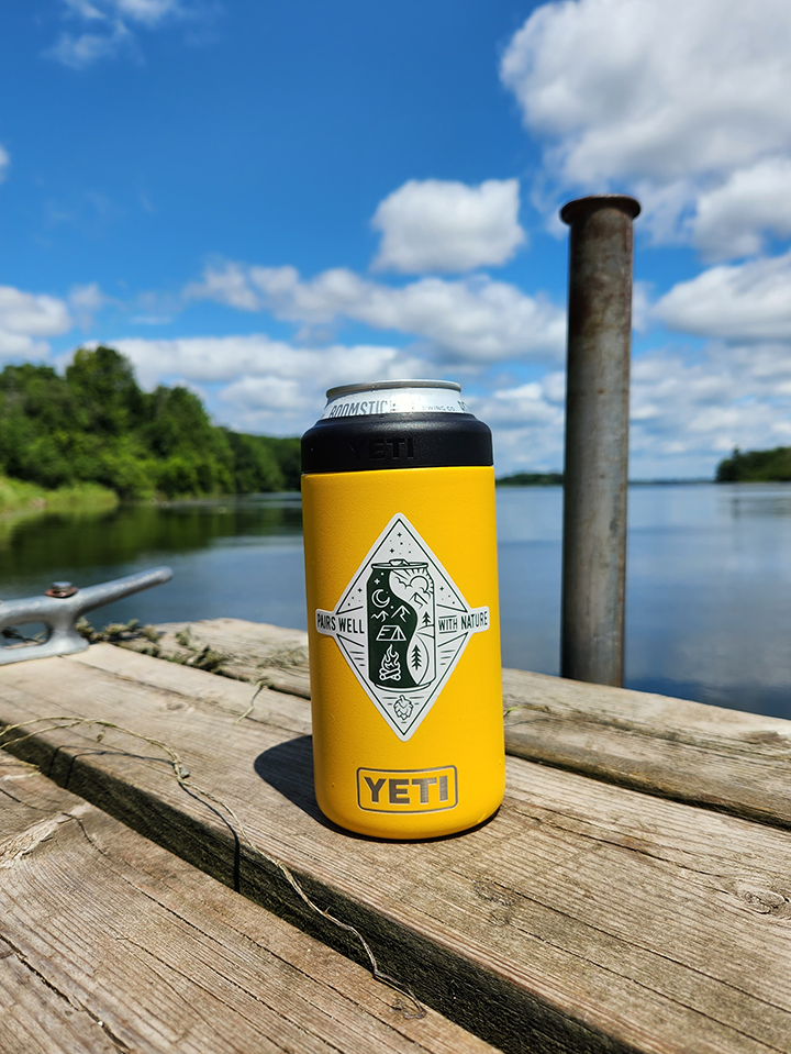 Pairs Well with Nature waterproof vinyl sticker on a cooler, perfect for campers and craft beer lovers