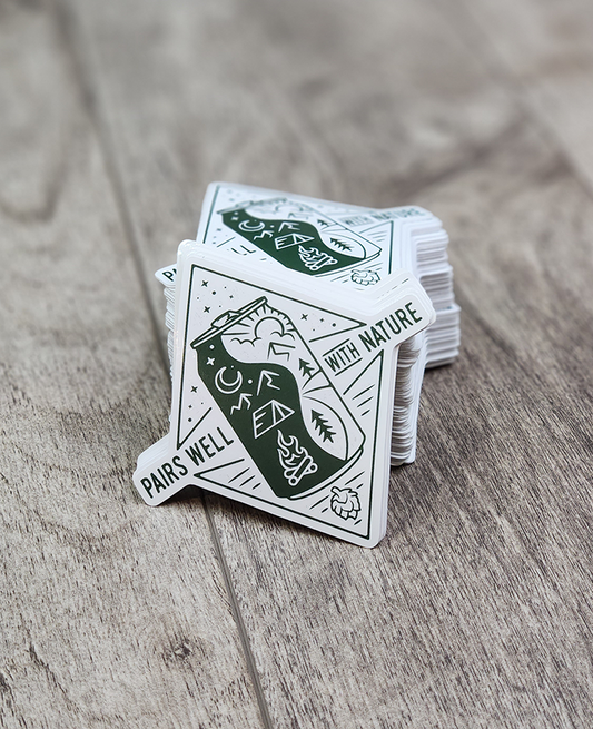Pairs Well with Nature waterproof vinyl sticker on a cooler, perfect for campers and craft beer lovers