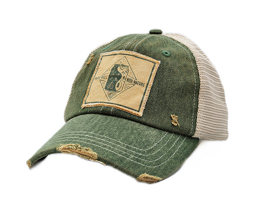 Vintage Distressed Trucker Cap - "Pairs Well with Nature" These distressed beer hats are incredibly comfortable. Most trucker caps are rigid, but these vintage unstructured caps are made of a cotton/polyester blend with a soft mesh back that makes them fit more like a "Dad Hat." Now in Canada.
