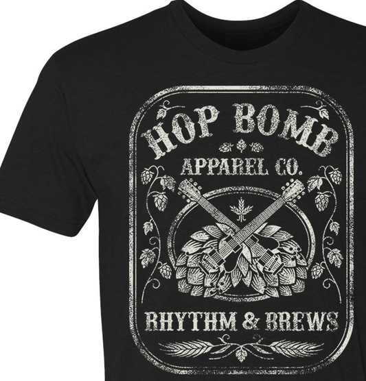 Rhythm & Brews graphic tee for craft beer lovers, live music fans, concerts, and beer festivals