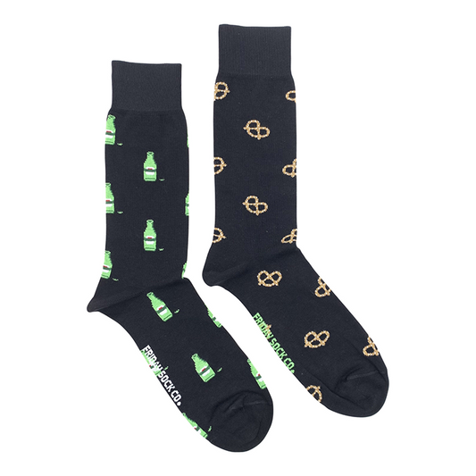 Beer & Pretzels - Mismatched Socks. There is no better pairing than a salty soft pretzel and a beer while watching the game. Now your feet can get in on the action too. Each pair of these purposely mismatched socks are designed in Canada, and ethically made in Italy.