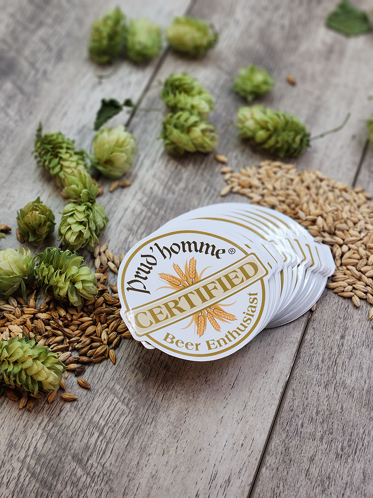 The intent of this 3.25" Prud'homme Beer Enthusiast sticker was to display your knowledge and interest in the world of beer. Stick them on your beer fridge, kegerator, toolbox or even your lunchbox. All custom die cut beer stickers are made in Canada of premium waterproof vinyl.