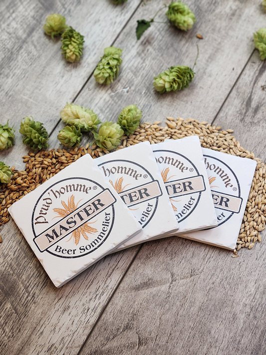 All Prud'homme Master Beer Sommelier coasters are made of natural ceramic that allows them to absorb the condensation off your beer glass. They are also heavy, which means no more coasters sticking to the bottom of your glass.