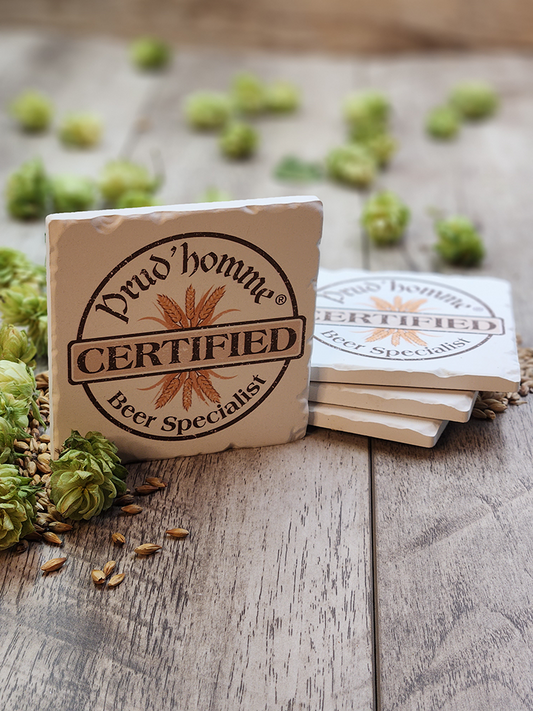 All Prud'homme Beer Specialist coasters are made of natural ceramic which allows them to absorb the condensation off your beer glass. They are also heavy, which means no more coasters sticking to the bottom of your glass.