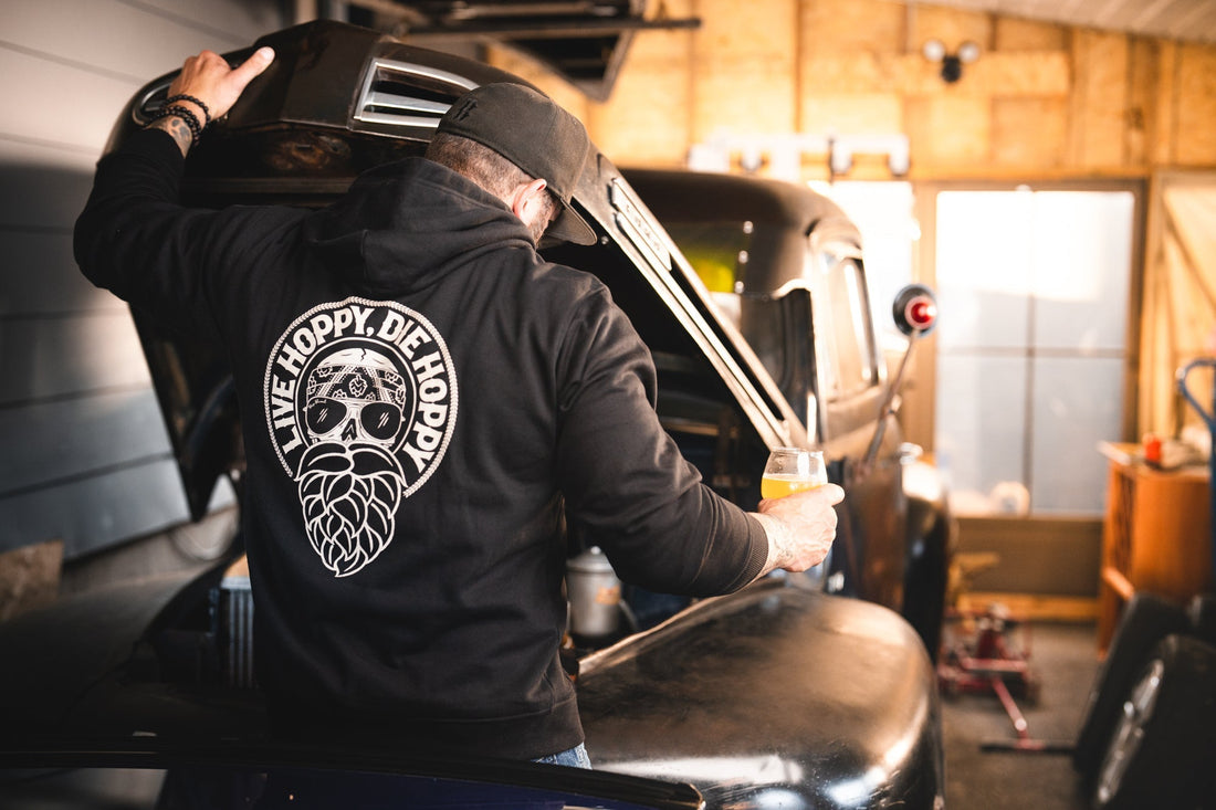 Man wearing ‘Live Hoppy, Die Hoppy’ graphic hoodie on IPA Day