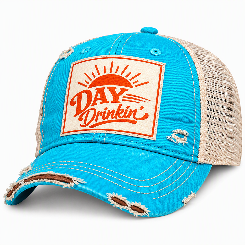 Day Drinkin' distressed turquoise trucker hat for poolside afternoons, patio season, vacations, and beer lovers