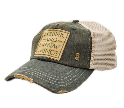 Vintage Distressed Trucker Cap - "I Drink and I Know Things" These distressed beer hats are incredibly comfortable. Most trucker caps are rigid, but these vintage unstructured caps are made of a cotton/polyester blend with a soft mesh back that makes them fit more like a "Dad Hat." Now in Canada