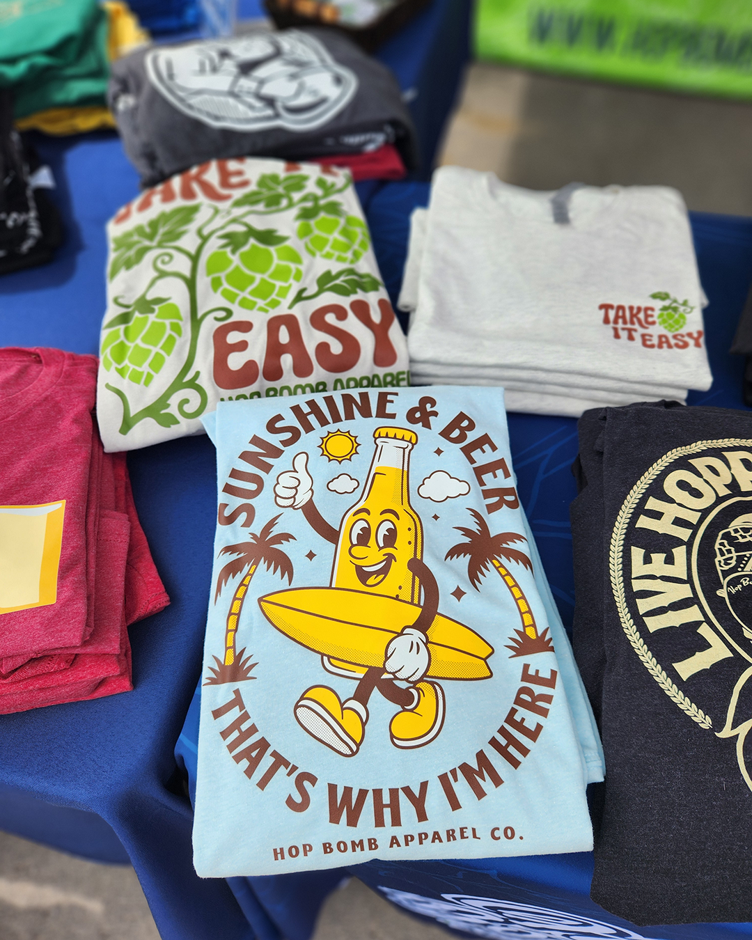 Sunshine & Beer hand printed craft beer t-shirt at brewery event, perfect for beer lovers and beach vacations