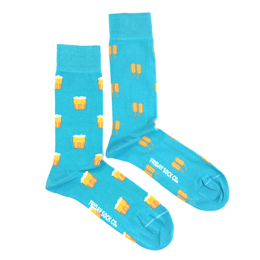Beer & Wheat - Mismatched Socks NO FARMS - NO BEER! Show your support for local farmers with these brewtiful turquoise mismatched Beer & Wheat socks. Each pair of these purposely mismatched beer socks are designed in Canada, and ethically made in Italy.