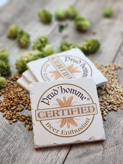 All Prud'homme Beer Enthusiast coasters are made of natural ceramic that allows them to absorb the condensation off your beer glass.  They are also heavy, which means no more coasters sticking to the bottom of your glass.
