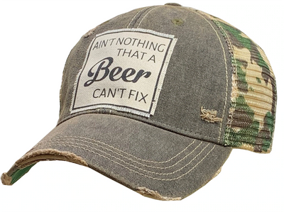 Vintage Distressed Trucker Cap - "Ain't Nothing That A Beer Can't Fix"  These distressed beer hats are incredibly comfortable.  Most trucker caps are rigid, but these vintage unstructured caps are made of a cotton/polyester blend with a soft mesh back that makes them fit more like a "Dad Hat." Now in Canada.
