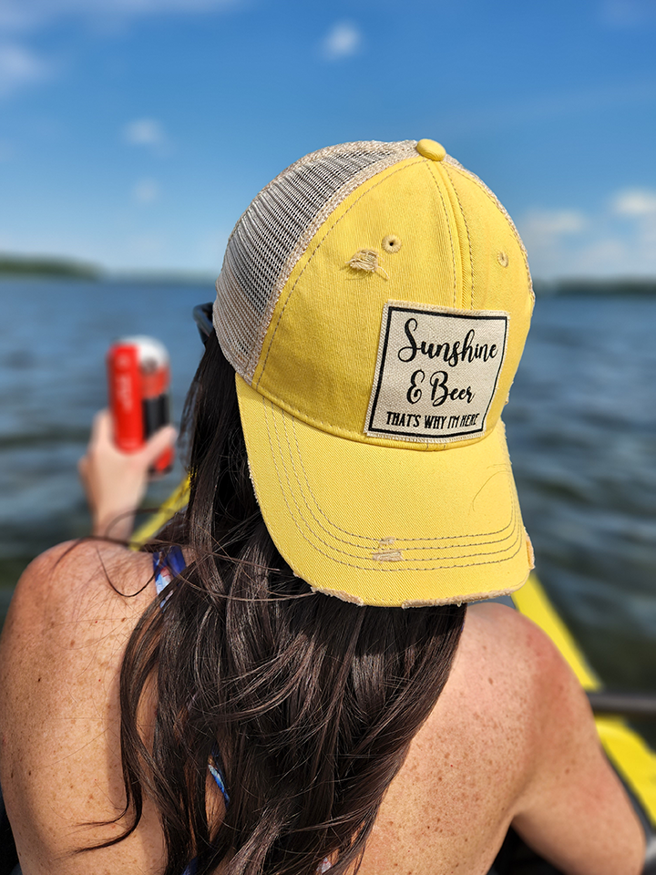 Vintage Distressed Trucker Cap - "Sunshine and Beer That's Why I'm Here" These distressed beer hats are incredibly comfortable. Most trucker caps are rigid, but these vintage unstructured caps are made of a cotton/polyester blend with a soft mesh back that makes them fit more like a "Dad Hat." Now in Canada.